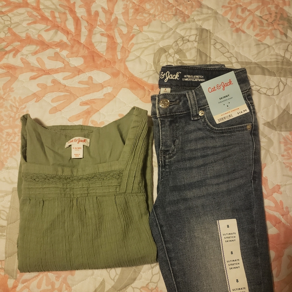Girls jeans slim size 8 with cotton ling sleeve top